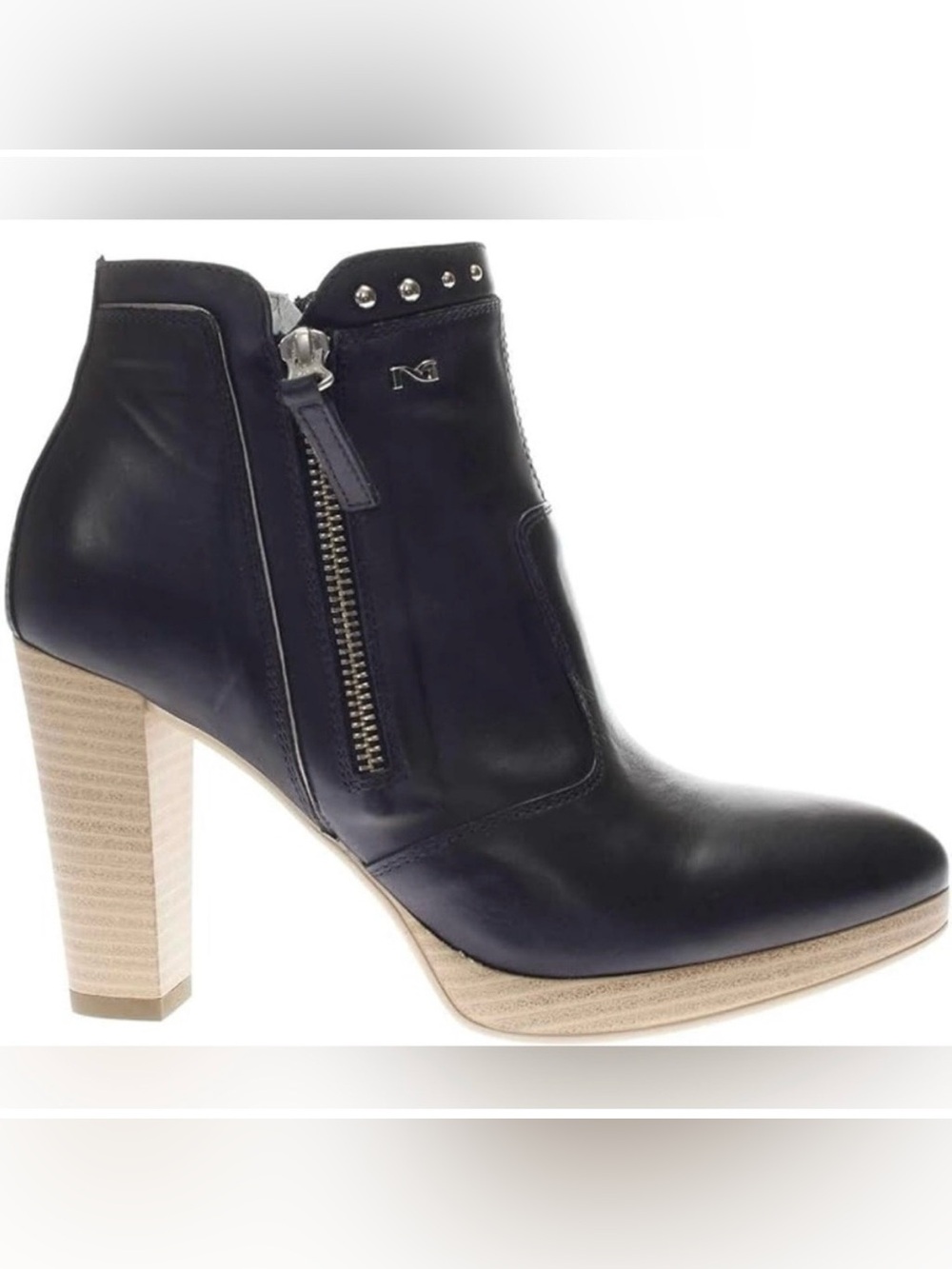 Nero Giardini Navy Studded Ankle Boots with Stacked 3” Heel, Size 38(7.5).
